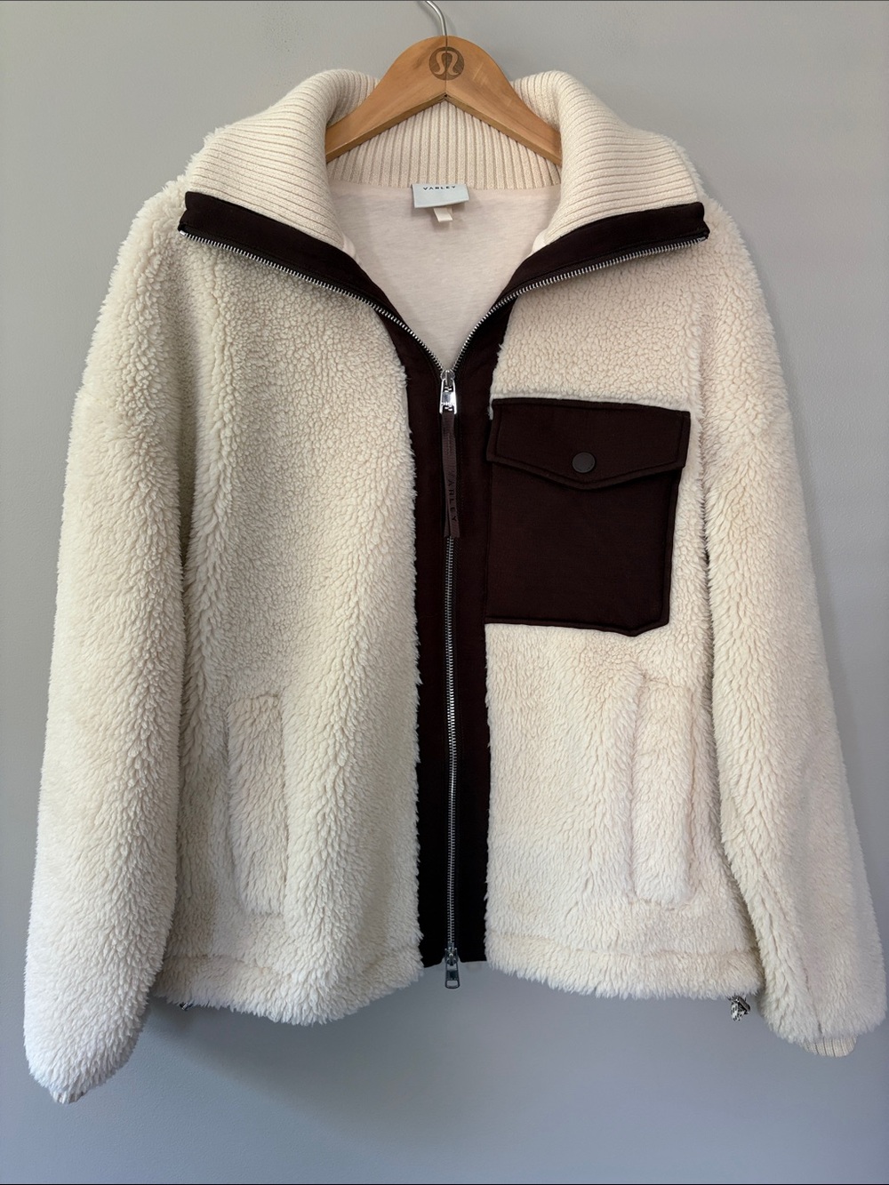 Varley Lowell Sherpa Jacket Small Ivory/Cream Brown Teddy Cozy Soft